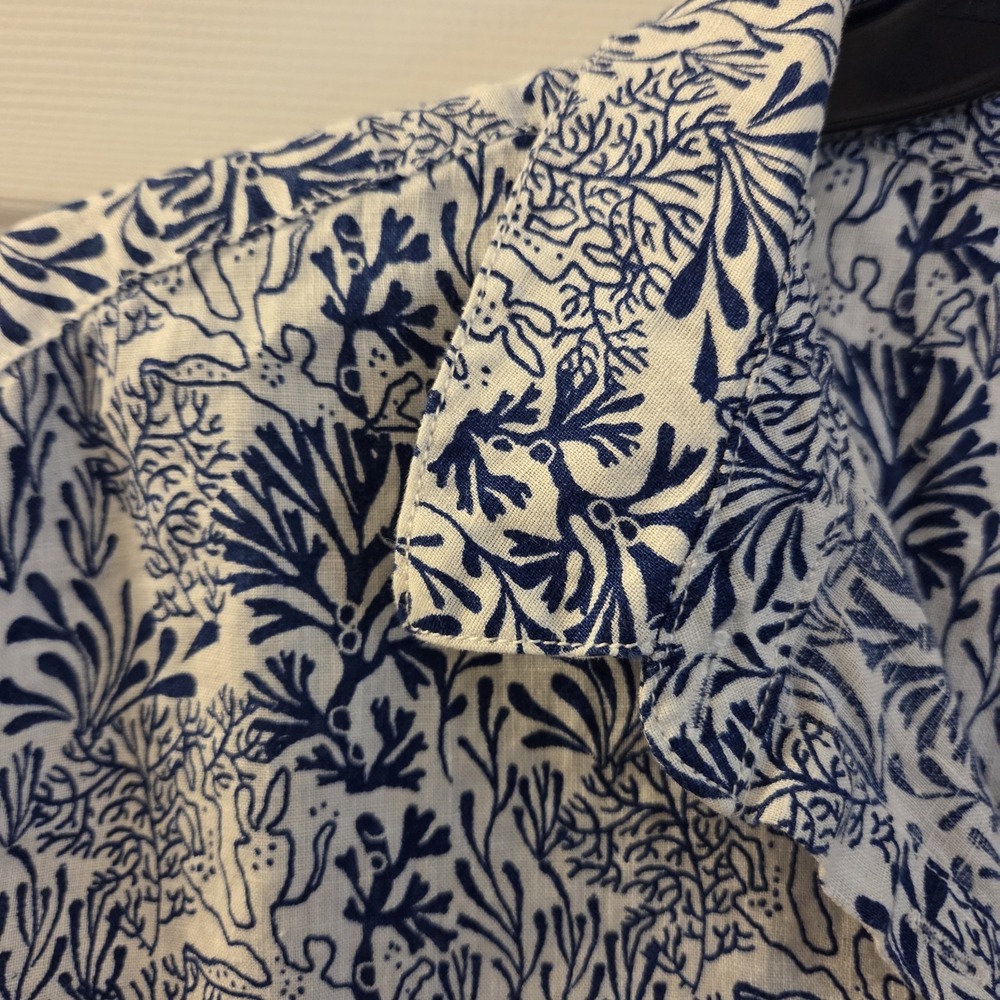 Nicole Miller sz L 100% linen button up top blue/wht coastal beach vacation - Picture 4 of 14